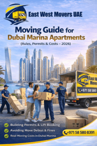 Dubai Marina apartment moving guide featuring movers and packers handling furniture and boxes