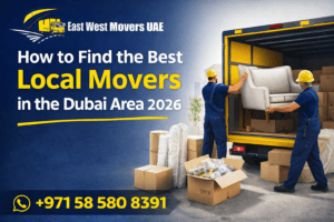 East West Movers UAE team packing and loading furniture during house shifting in Dubai, showing how to find the best local movers in the Dubai area 2026.