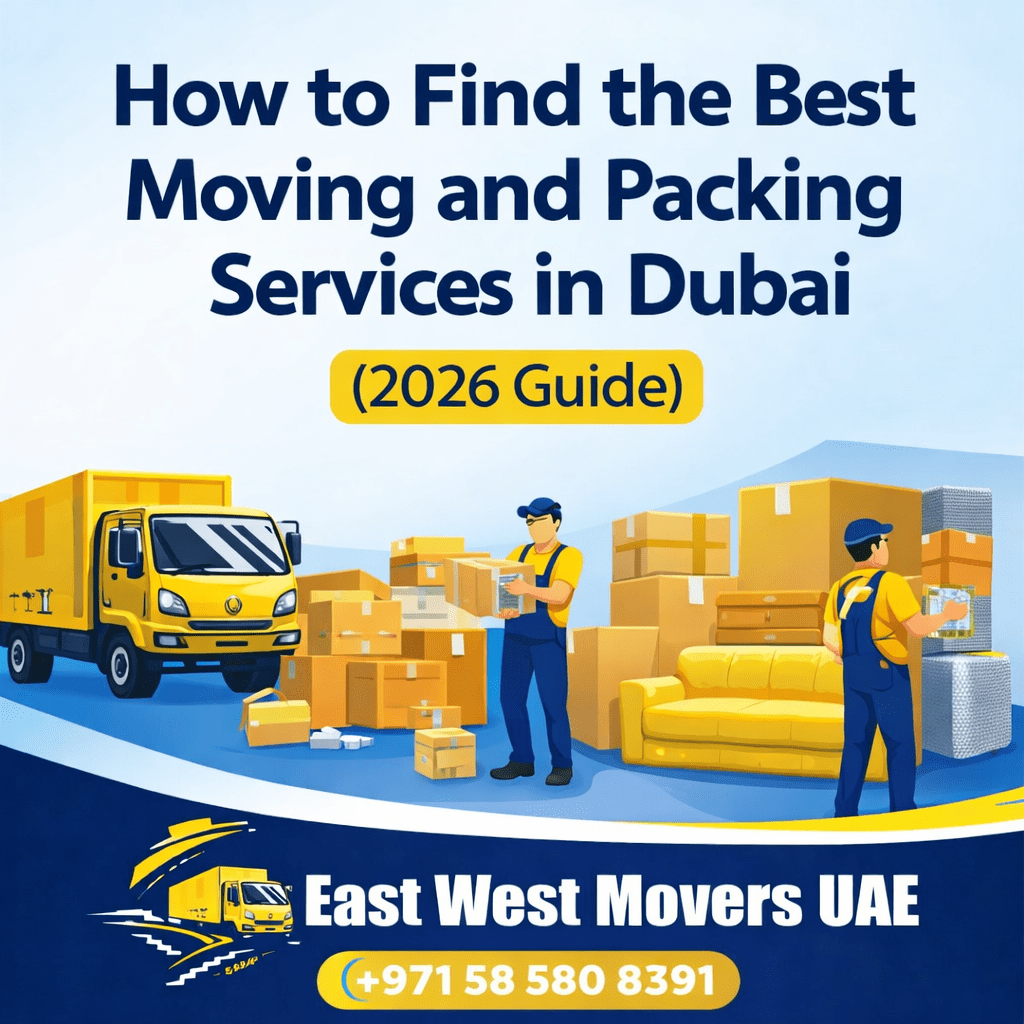 Professional movers packing household items and loading a moving truck in Dubai, showing how to find the best moving and packing services in Dubai.