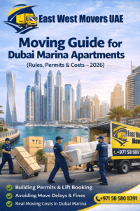 Professional movers assisting residents during apartment relocation in Dubai Marina with building permits and lift booking