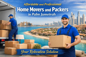 Affordable home movers and packers in Palm Jumeirah loading boxes and furniture in front of luxury villas and Dubai skyline.