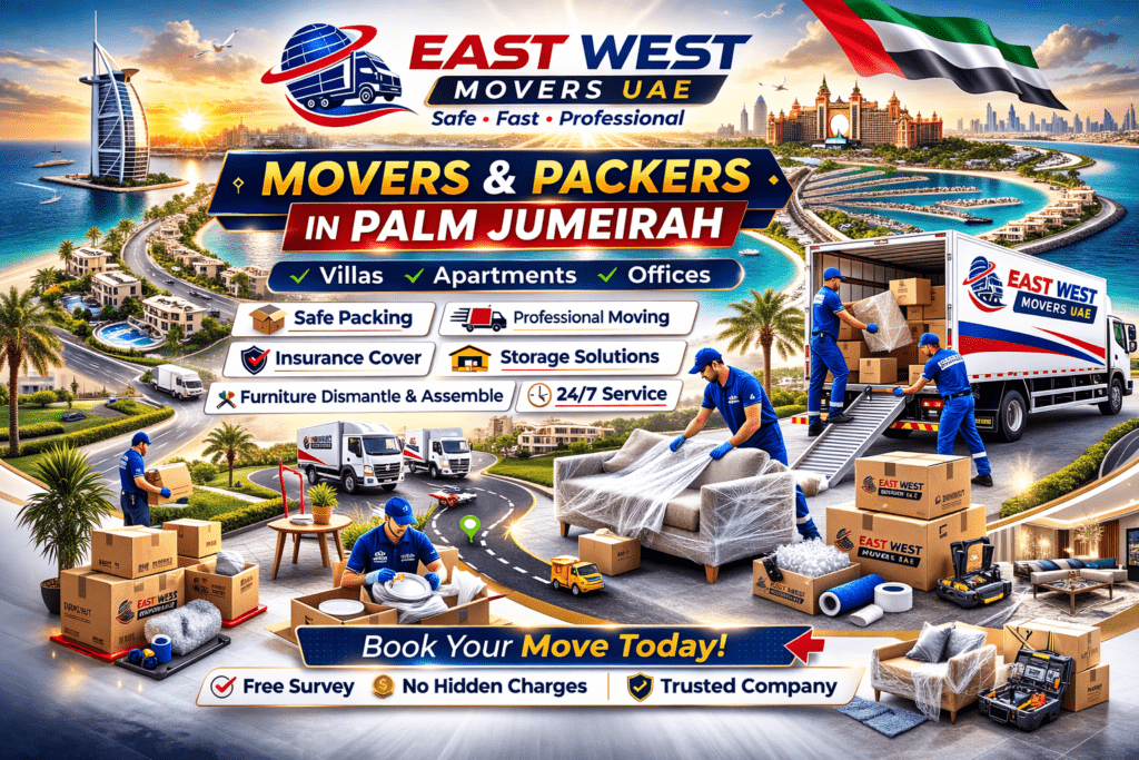 Promotional banner for East West Movers UAE showing professional movers packing and loading furniture into a branded truck in Palm Jumeirah, Dubai, with luxury villas, Atlantis hotel, Burj Al Arab, and iconic Palm Jumeirah skyline in the background, highlighting safe packing, fast moving, insurance cover, expert team, and hassle-free relocation services.