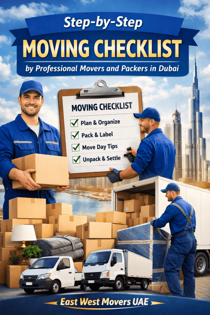 Step-by-Step Moving Checklist by Professional Movers and Packers in Dubai by East West Movers UAE featuring packing boxes, 1 ton and 3 ton moving trucks, and Dubai skyline background.