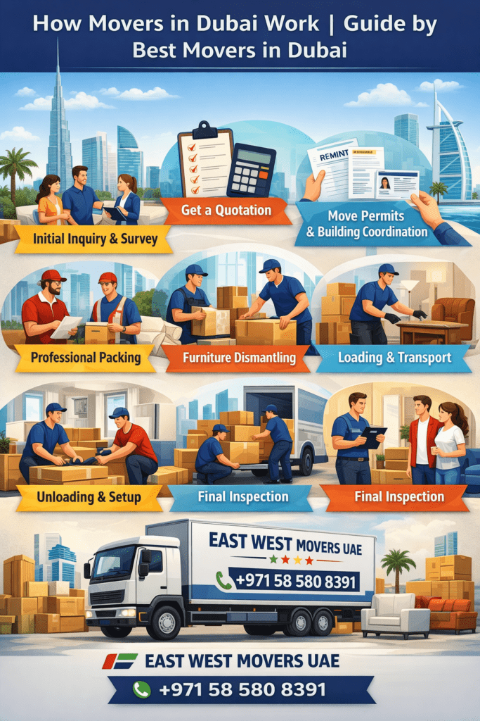 Learn how movers in Dubai work step by step, from survey to final setup. A complete guide by Best Movers in Dubai to ensure a smooth, stress-free relocation.