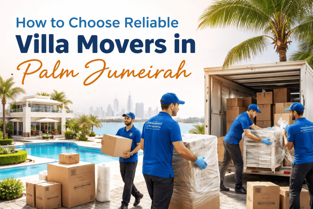 Professional villa movers from East West Movers UAE carefully packing and loading boxes and furniture at a luxury Palm Jumeirah villa, with a pool and waterfront view in the background.