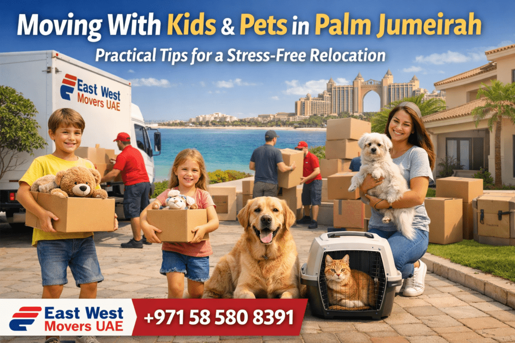 Family moving with kids and pets in Palm Jumeirah using East West Movers UAE for a stress-free home relocation