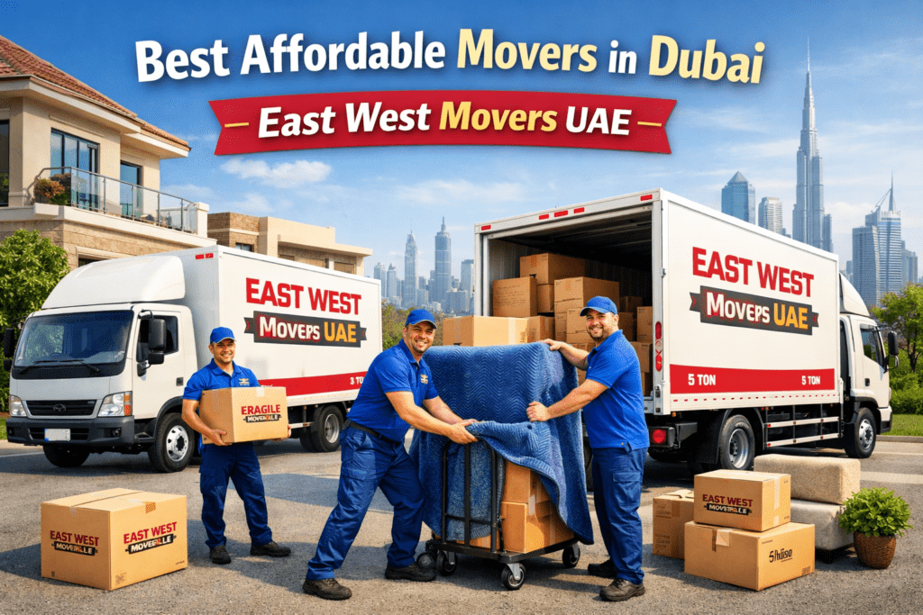 East West Movers UAE professional team loading boxes into 3-ton and 5-ton moving trucks in Dubai, offering best affordable movers for apartment and villa relocation services.