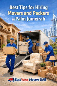 Professional movers from East West Movers UAE carefully pack and load furniture and boxes into a truck outside a luxury villa in Palm Jumeirah, Dubai, demonstrating expert moving and packing services.