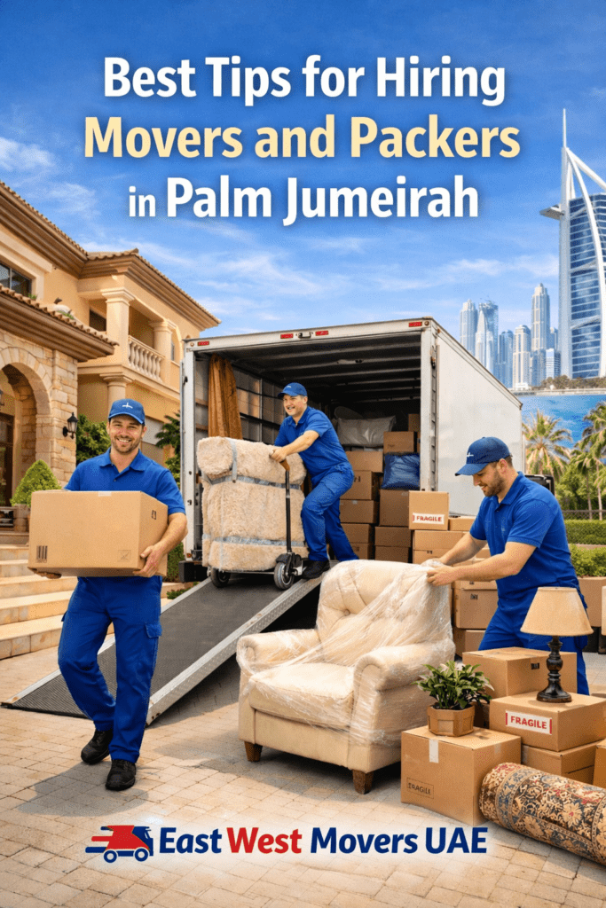 Professional movers from East West Movers UAE carefully pack and load furniture and boxes into a truck outside a luxury villa in Palm Jumeirah, Dubai, demonstrating expert moving and packing services.