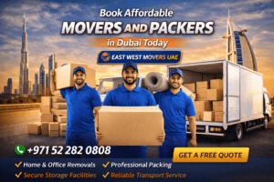 East West Movers UAE team providing affordable movers and packers services in Dubai with moving truck and packing boxes