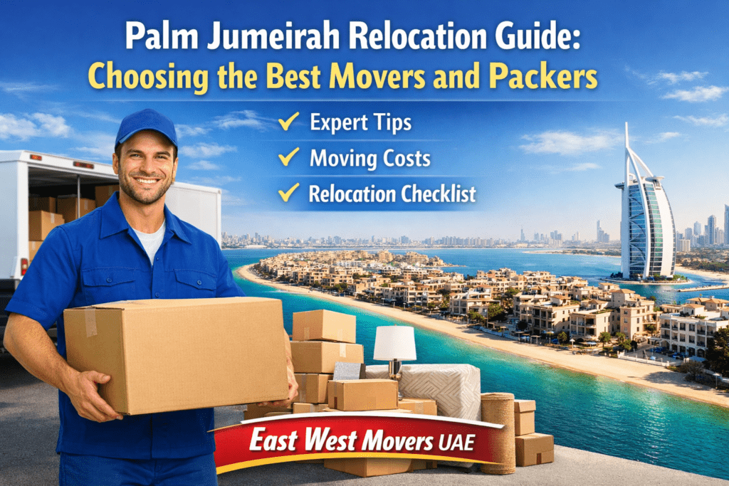 East West Movers UAE truck and mover with boxes during relocation in Palm Jumeirah Dubai