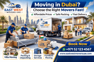 East West Movers UAE professional moving team in Dubai handling boxes and furniture outside modern villas with Burj Khalifa skyline in background, showcasing affordable movers in Dubai, villa moving services, packing, storage, and fast relocation. Contact +971 52 123 4567.
