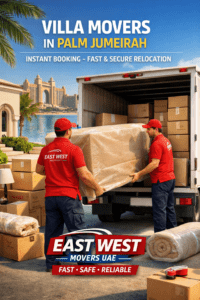 Villa movers in Palm Jumeirah by East West Movers UAE loading packed furniture into a truck for fast and secure relocation near a luxury beachfront villa.